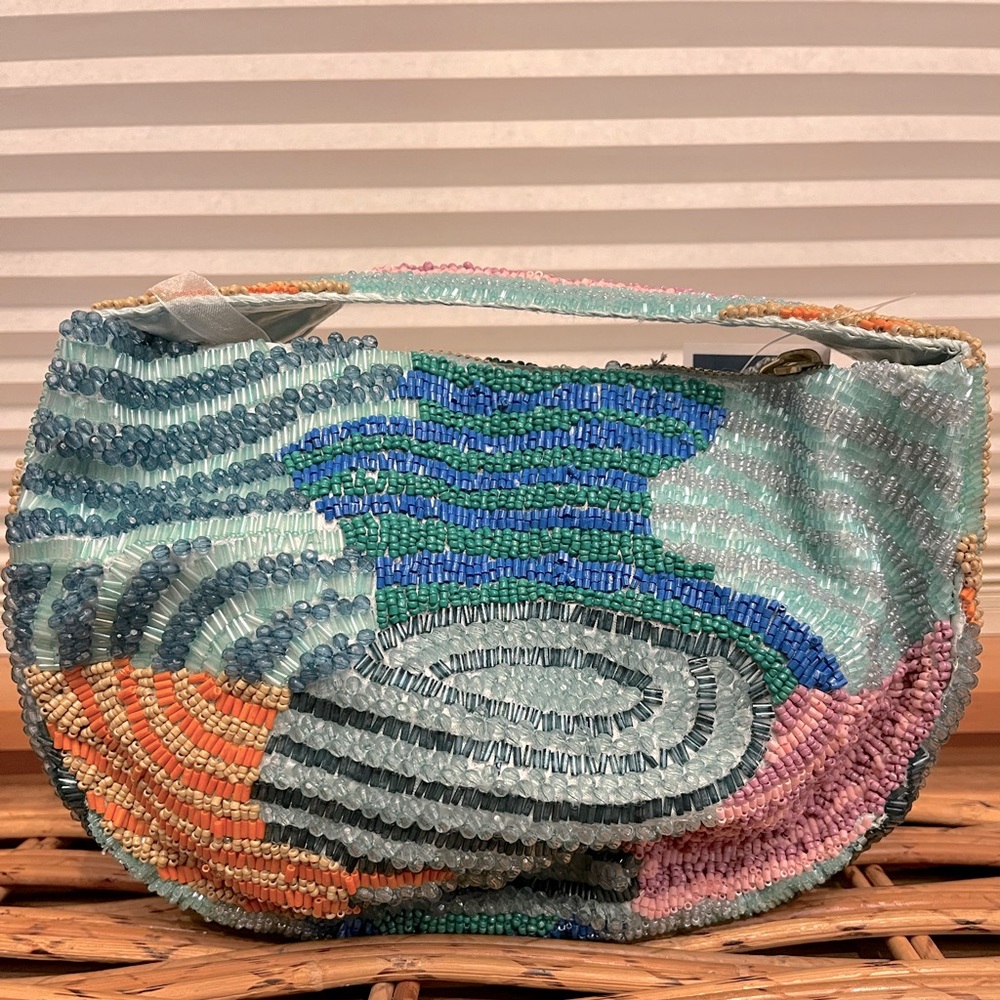 Mini boho fully beaded handbag. Abstract blue teal orange pink, perfect blend